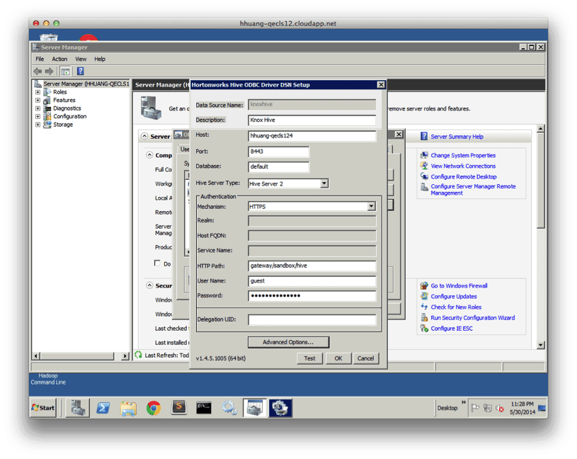 The following screenshot illustrates the ODBC client side configuration needed to get ODBC > HTTP > Knox > HTTP > Hive Server 2 setup working.